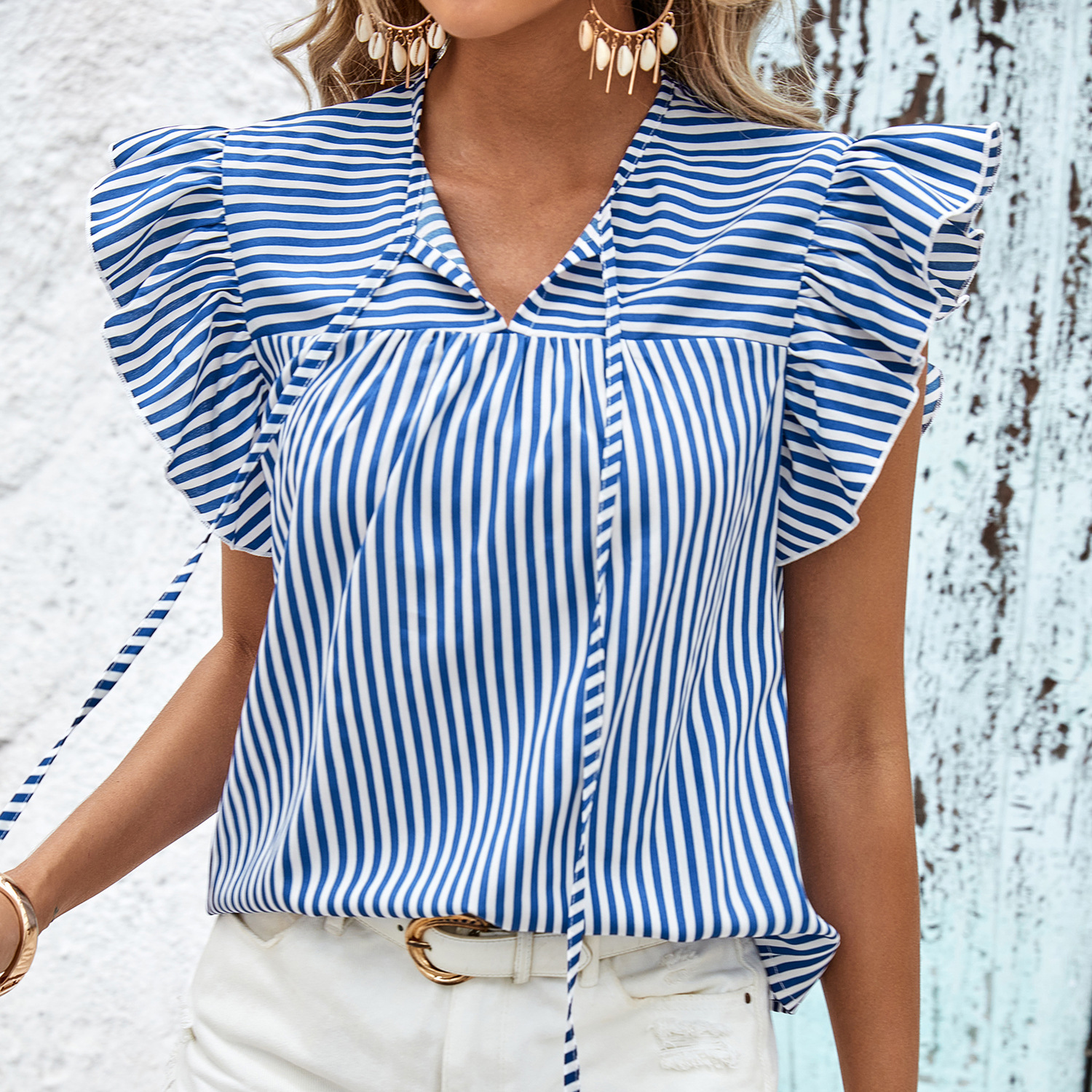 Title 5, Ruffle Sleeve Pullover Stripe Stretch Top