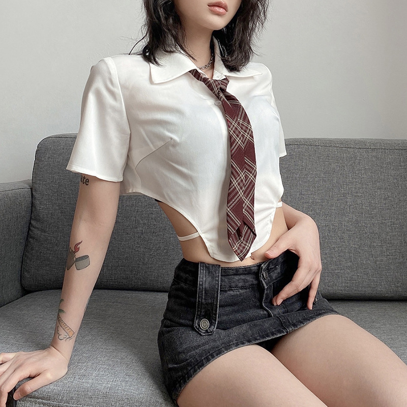 Hollow-out Wooden Ear Edge Cardigan Slim Fit Exposed Navel T-shirt