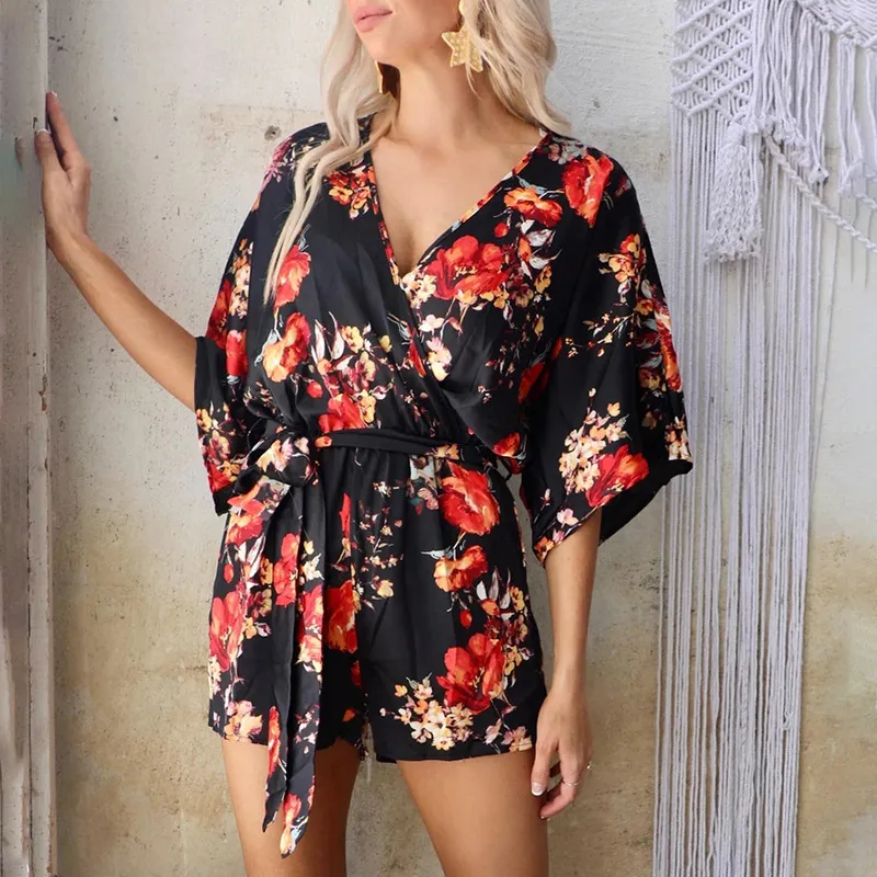 Printed Sleeve V-neck Loose Casual Lace-up Jumpsuit - Black