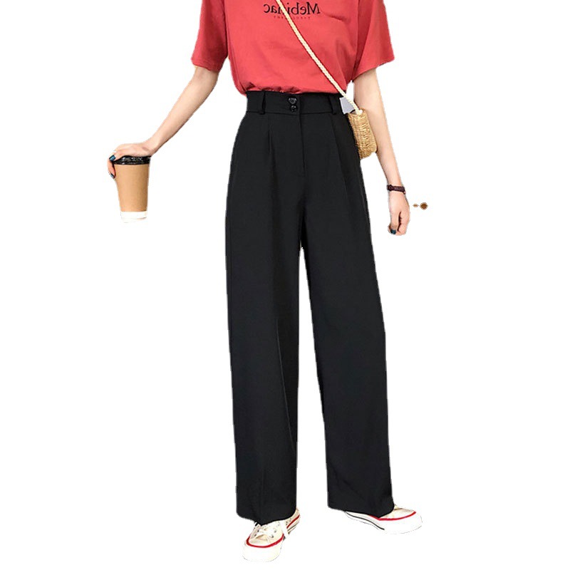 Title 7, Thin High Waist Drape Black Trousers Straight