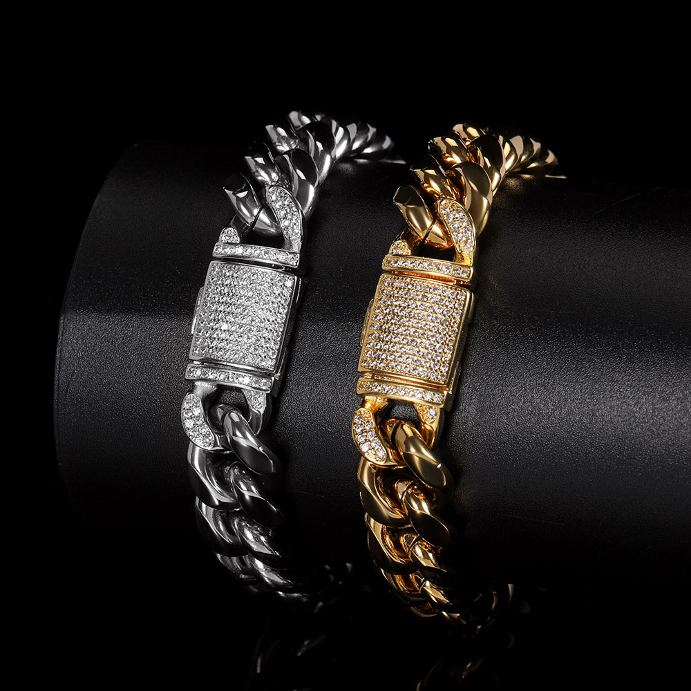 Titanium Steel Bracelet 12mm Stainless Steel Cuban Chain Real Gold Plating
