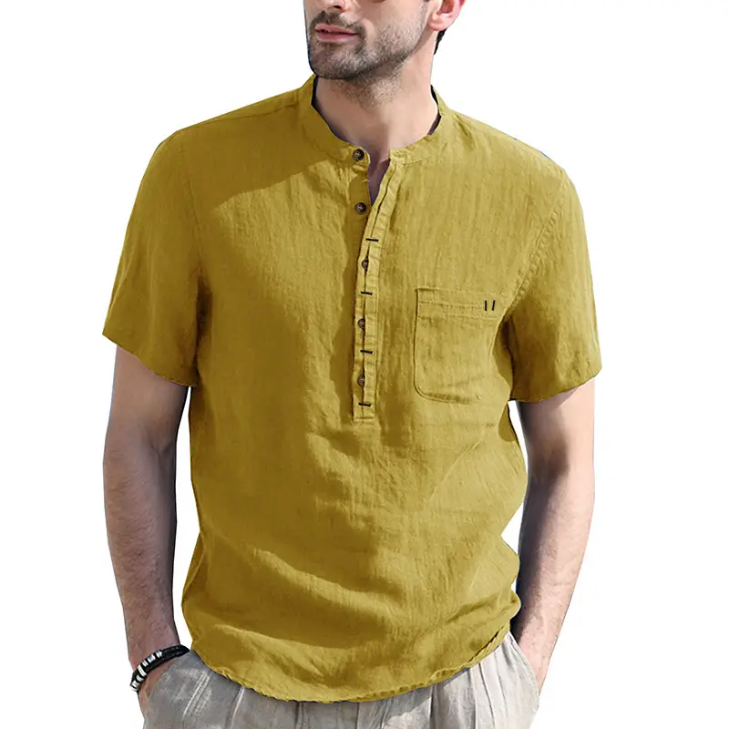 New Style Stand Collar European And American Men's Linen Shirt