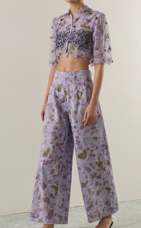 Printed Heavy Beaded Top & High Waist Pants Set