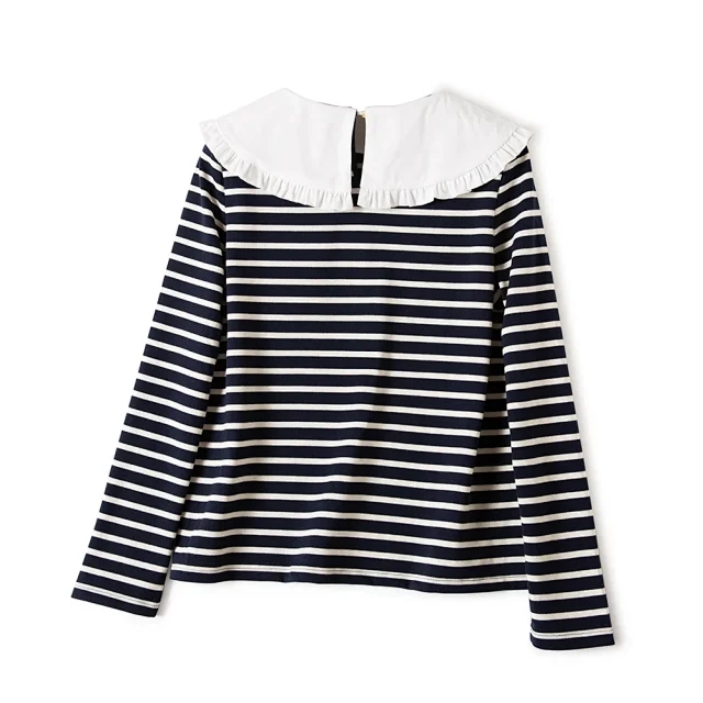 Women's Lace Doll Collar Navy Striped Long Sleeves
