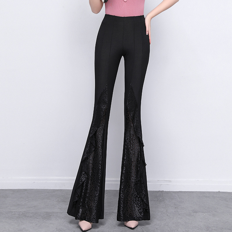 Women's New Black Lace Stitching High Waist Loose Fishtail Pants