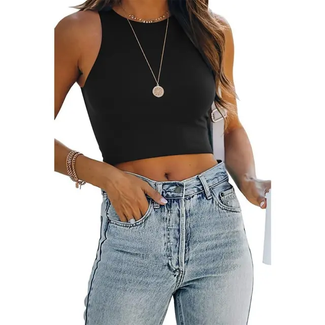 Sleeveless Crew Neck Racer Tank Top T Shirt Women's Black - Shop at LoveMi