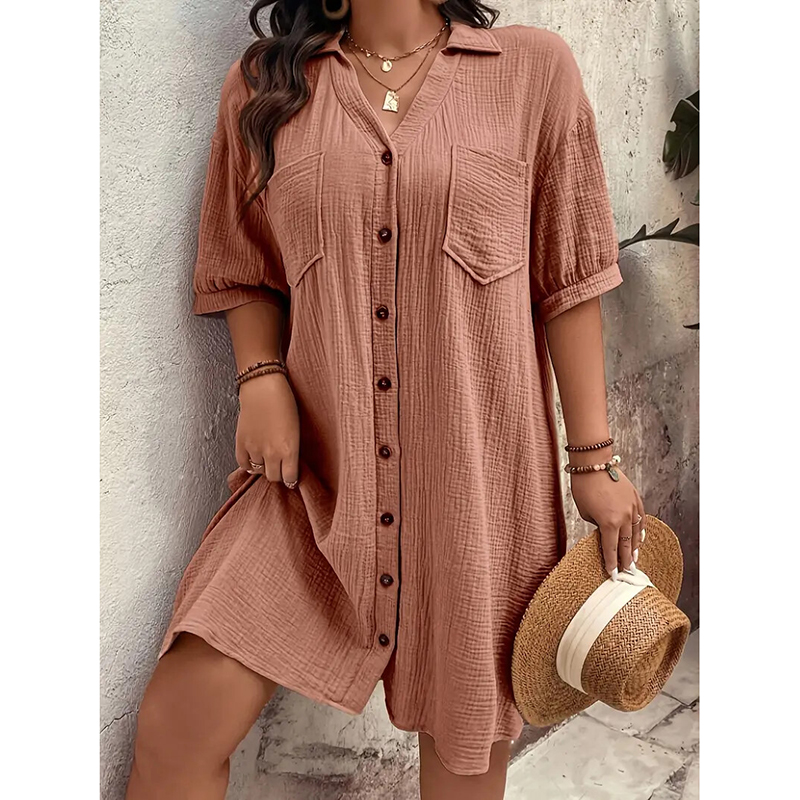 Womens Cotton Shirt Dress Summer Casual Short Sleeve Button Down V Neck Loose Mini Dress With Pockets Brown Red - Shop at LoveMi