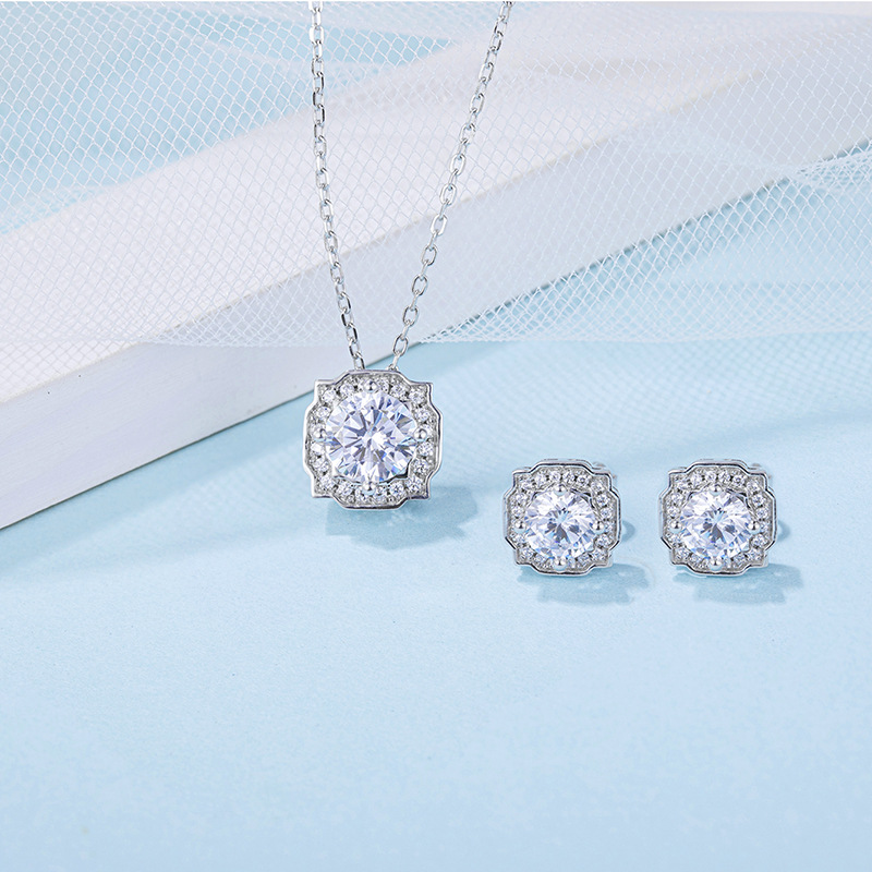 Moissan Light Luxury S925 Sterling Silver Stud Earrings Necklace Set