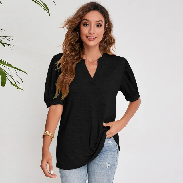 Women's Pleated Puff Sleeve Tops Summer V Neck T Shirts Casual Loose Blouses Black - Shop at LoveMi