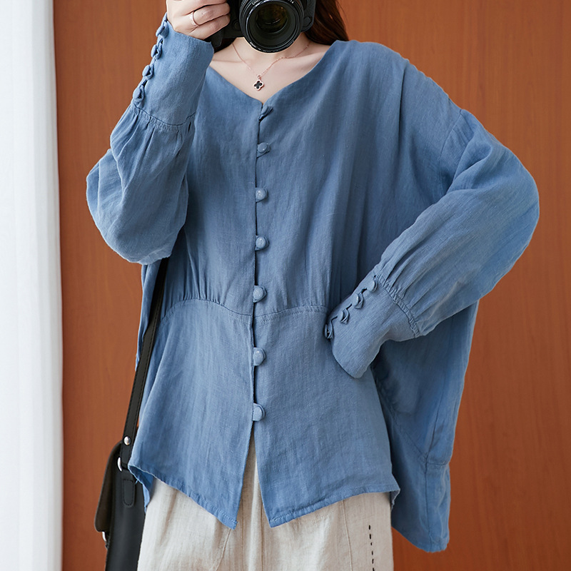 Women's Loose Literary Retro Cotton And Linen Shirt Blue - Shop at LoveMi