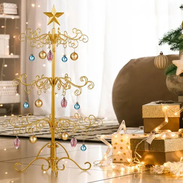 3ft Wrought Iron Christmas Tree, Metal Ornament Display Tree Stand For For Holiday Party Home Decor, Indoor & Outdoor Decor Hanger, Gold