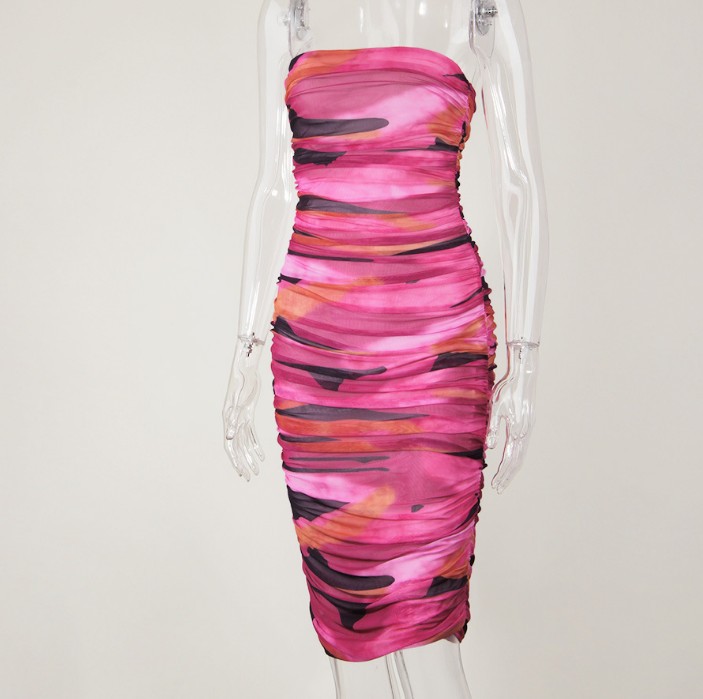 Net Celebrity Temperament Printing Tube Top Folds Thin Dress Stretch Hip Skirt
