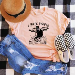 Bat Cat Letter Print T-shirt Women - Peach T - View 1