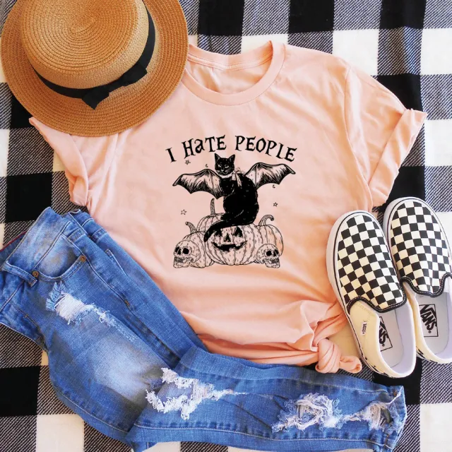 Bat Cat Letter Print T shirt Women Peach T - Shop at LoveMi