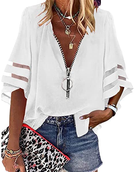 Title 6, V-neck Zipper Shirt Half Bell Sleeve Mesh Stitc...