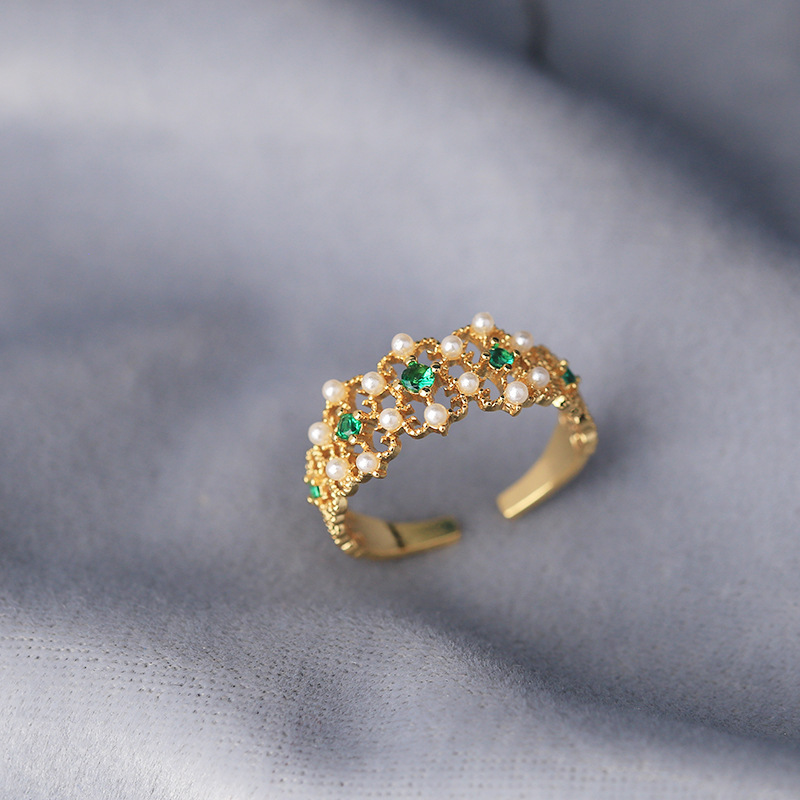 Emerald Zircon Pearl Adjustable Ring Female Ring