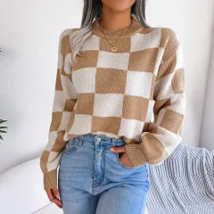 Street Style Color Block Plaid Long Sleeve Pullover Knit Sweater - Khaki - View 1