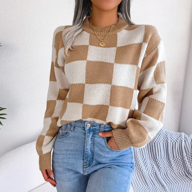 Street Style Color Block Plaid Long Sleeve Pullover Knit Sweater Khaki - Shop at LoveMi