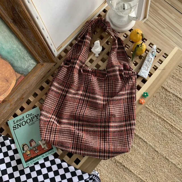 Woolen Plaid Tote Bag Class School Large Capacity Shoulder Red - Shop at LoveMi