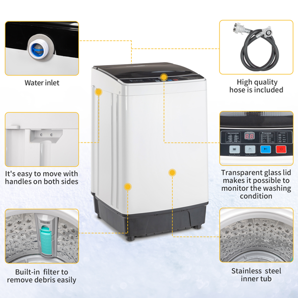 Full-Automatic Washing Machine Top Load Portable Compact Laundry Washer Spin With Drain Pump,10 Programs 8 Water Level Selections With LED Display 17.8 Lbs Capacity, Black image 19