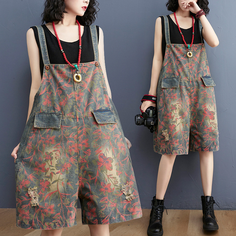 Women's Retro Print Slimming And Age-reducing Wide-leg Overalls
