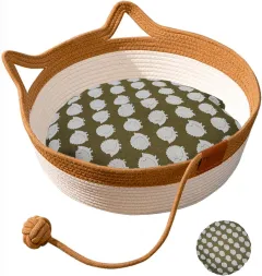 Hand Woven Cat Bed With Toy Tail Kitten Shaped House Natural Cotton Linen Cat Scratch Pad Breathable And Odorless Indoor Puppy Bed Mat - View 1