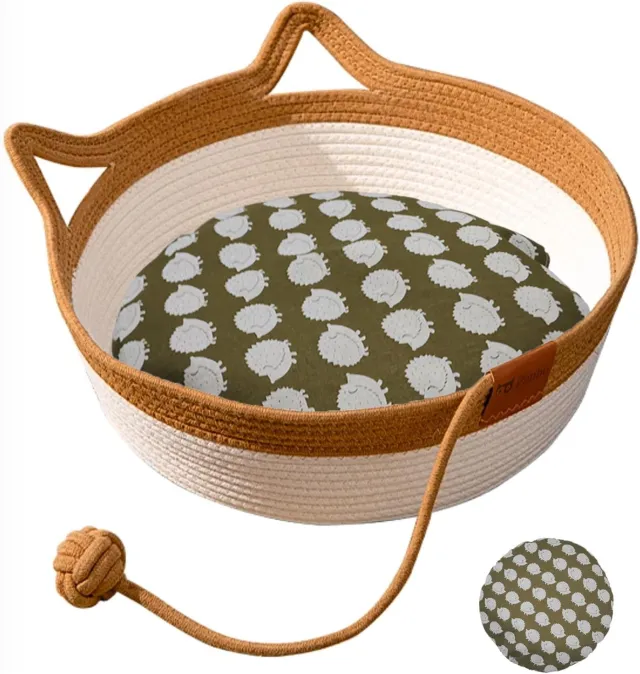 Hand Woven Cat Bed With Toy Tail Kitten Shaped House Natural Cotton Linen Cat Scratch Pad Breathable And Odorless Indoor Puppy Bed Mat - Shop at LoveMi