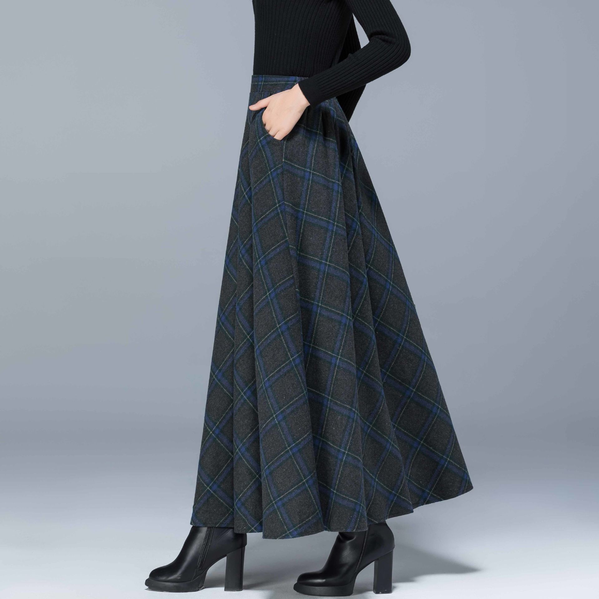 Woolen Skirt High WaistSlim Allmatch Pocket Long Skirt Elastic Waist Aline Big Skirt