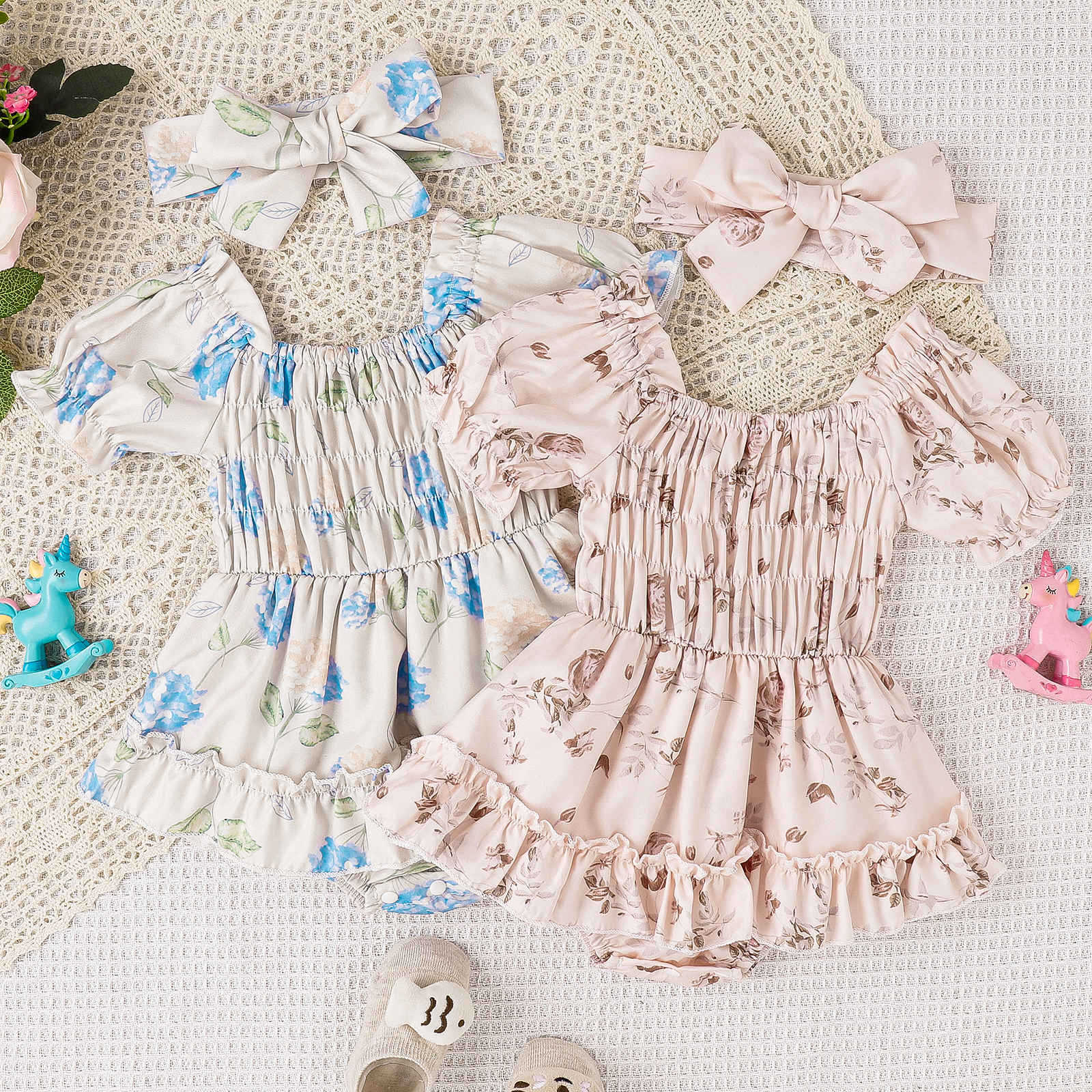 Spring And Summer Baby Girl Smocking Puff Sleeve Flower Printed Dress