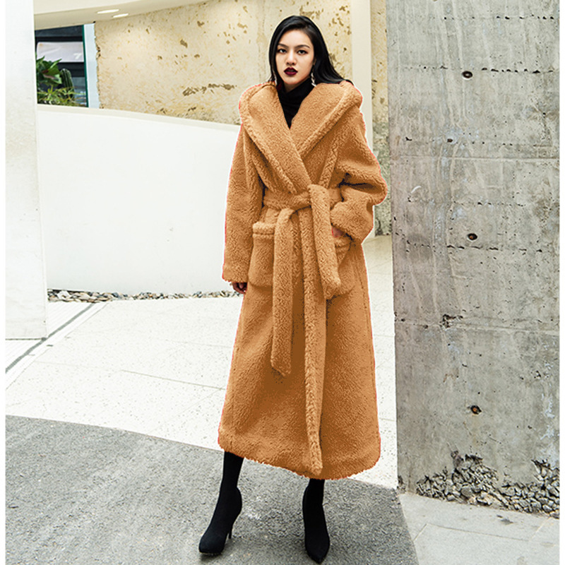 Lamb Wool Faux Fur Coat Women's Mid-length Lapel Hooded