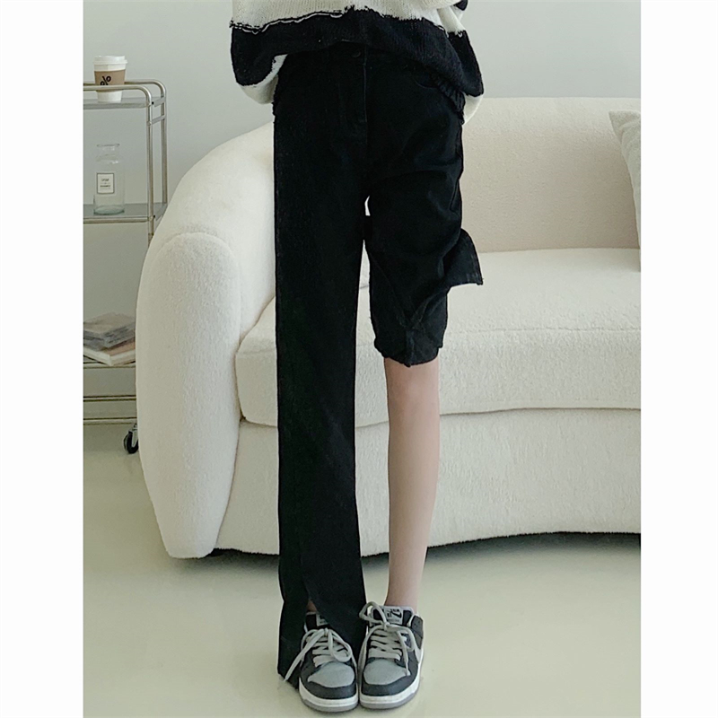 Split Black Jeans High Waist Micro Flared Small Straight Leg Black Plus Velvet - Shop at LoveMi