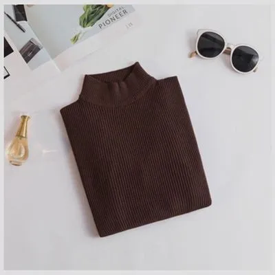 Slim Fit Half high Collar Long Sleeves Bottoming Shirt Pure Color All matching Sweater Brown - Shop at LoveMi