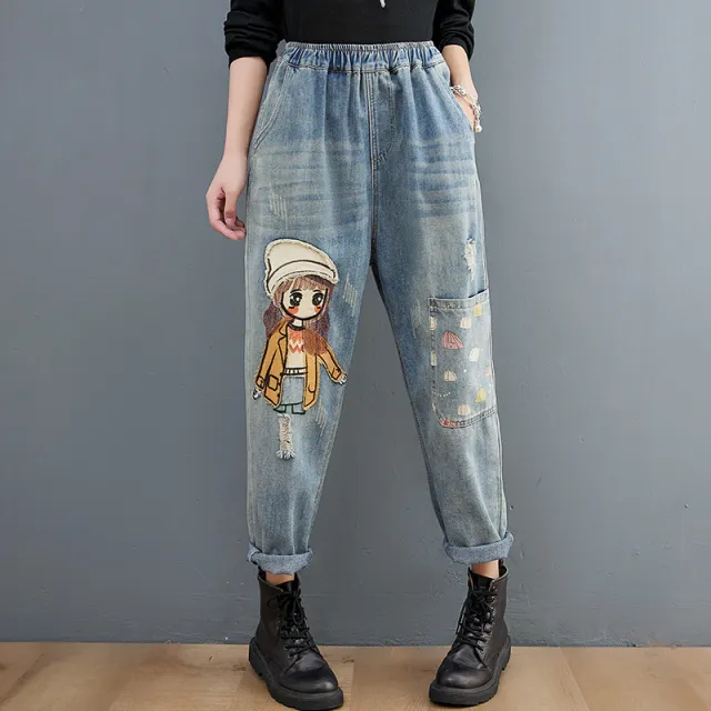 Cartoon Stickers Embroidered Jeans For Women Light Blue - Shop at LoveMi