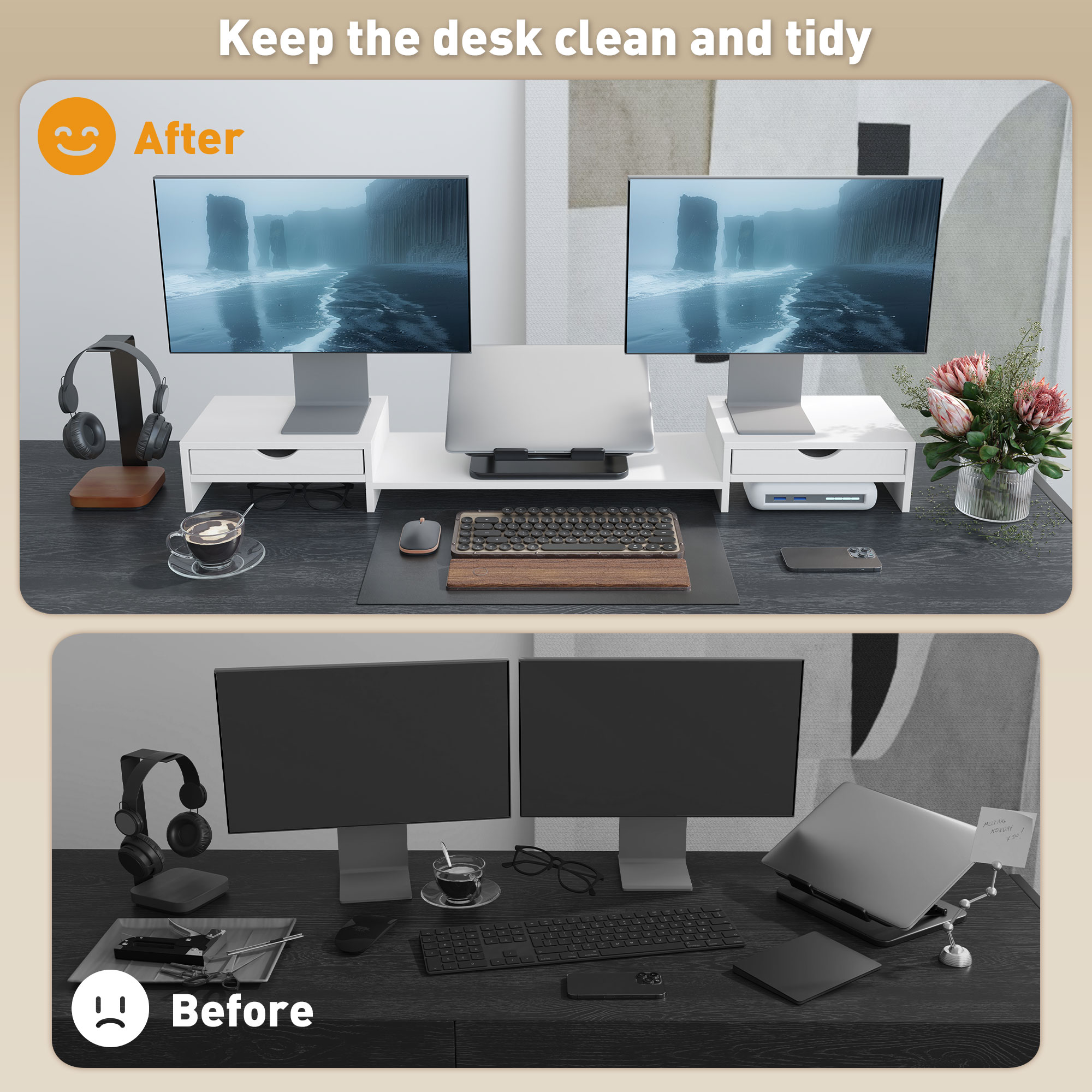 Dual Monitor Stand With 2 Drawers, Adjustable Length And Angle, 116cm Suitable — image 4