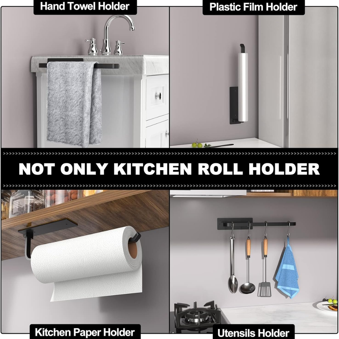 Paper Towel Holder Self Adhesive Or Drilling Matte Black Upgraded Aluminum Kitchen Roll Dispenser Under Cabinet Lighter But Stronger Than Stainless Steel — foto 2