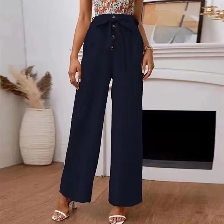 Women's Solid Color Cotton Linen Loose Wide Leg Pants - Navy