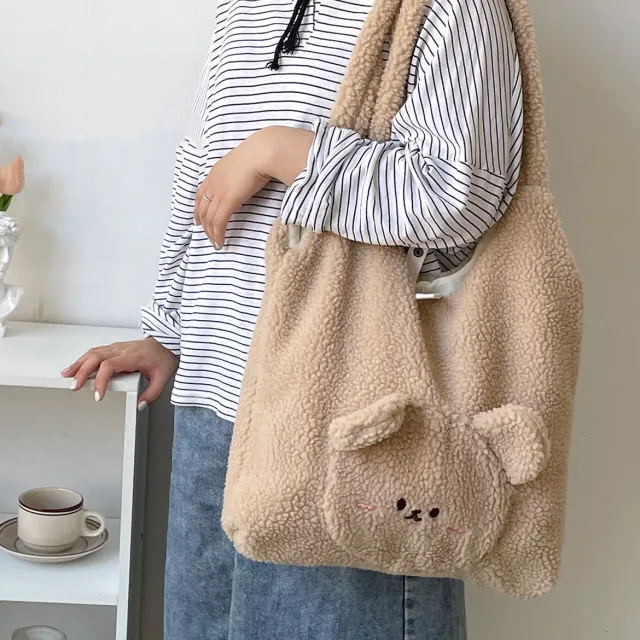 Personalized Bag For Women 3D Cartoon Bear Lamb Wool Shoulder Bag Winter High Capacity Daily Shopping Bags Girls College Style Handbags Khaki - Shop at LoveMi