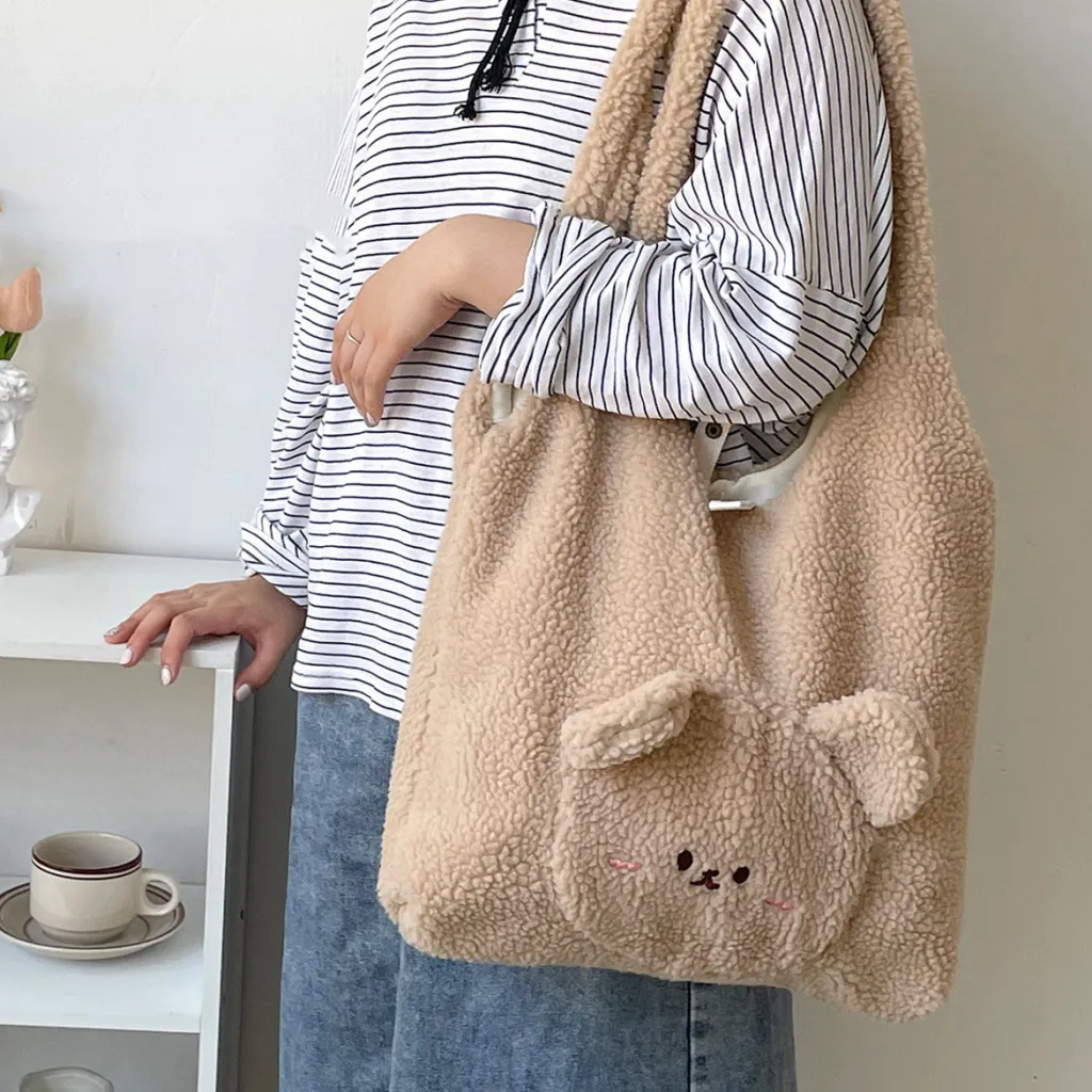 Personalized Bag For Women 3D Cartoon Bear Lamb Wool Shoulder Bag Winter High Capacity Daily Shopping Bags Girls College Style Handbags - Khaki