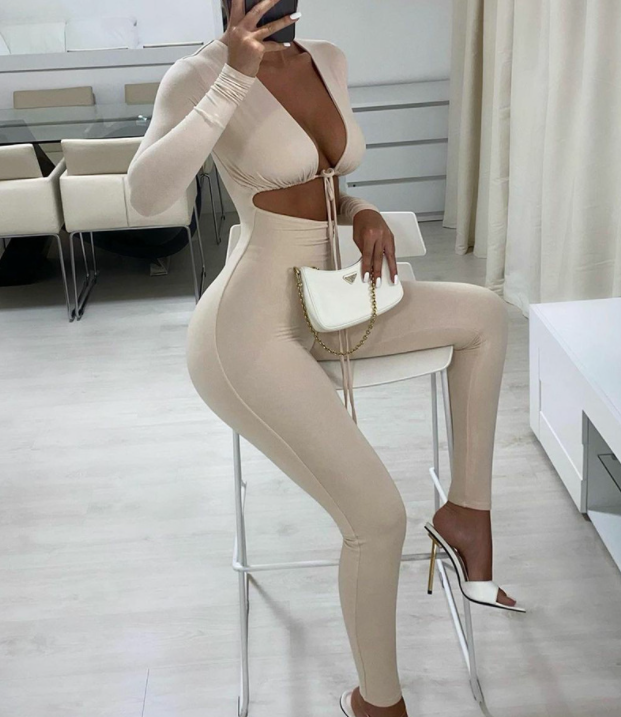European And American Women's New Long-sleeved Tight-fitting Belly Button Jumpsuit