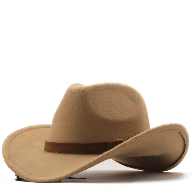 Casual Retro Belt Autumn And Winter Men's And Women's Woolen Western Cowboy Hat Camel - Shop at LoveMi