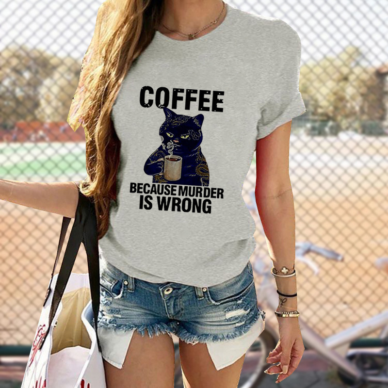 Title 4, Cat Cute Print T-shirt Round Neck Short Sleeve Top