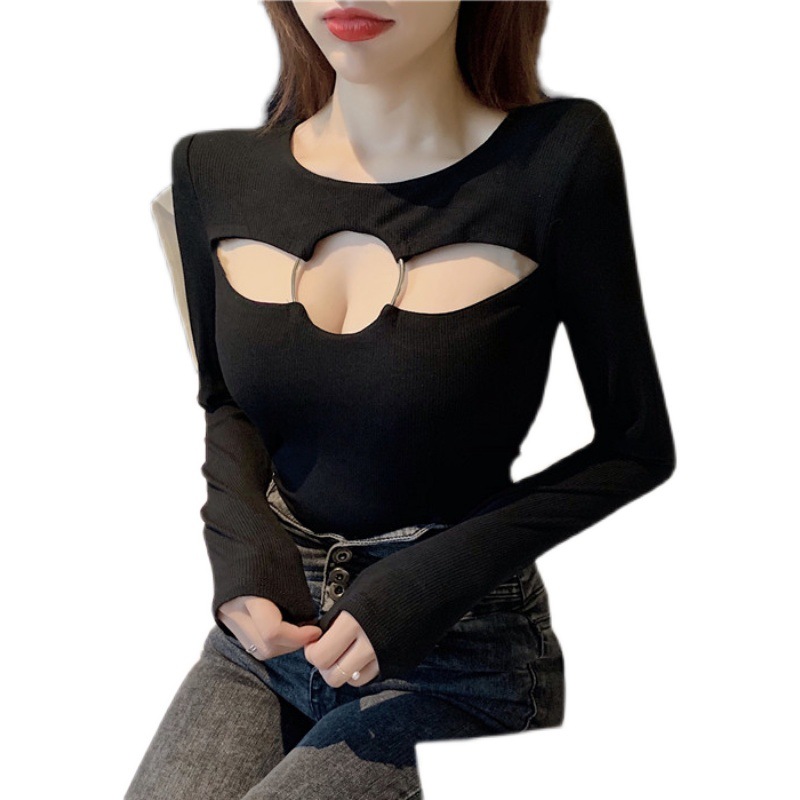 New Hong Kong-style Retro Women's Slim Bottoming Shirt With Empty Hoops On The Chest And Back