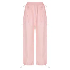 Tight Waist Loose Straight Cargo Pants - Pink - View 1
