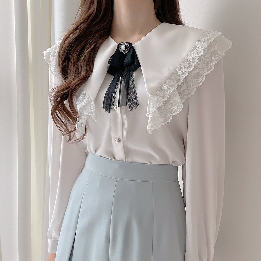 Double-collar Solid Color Long-sleeved Shirt Top