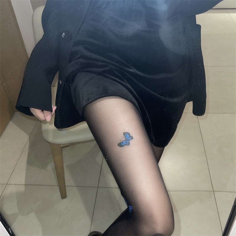 Pure Desire Style JK Lolita Stockings, Fairy Blue Butterfly Print Black Sheer Pantyhose For Women