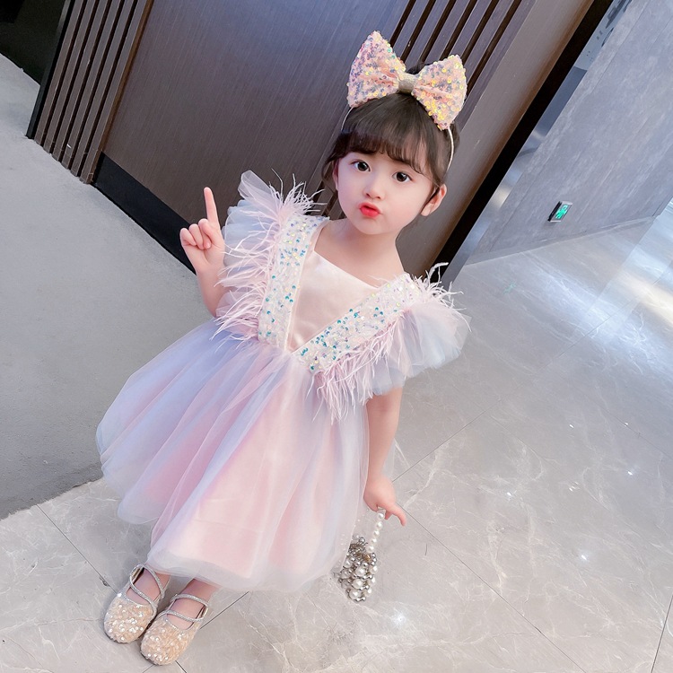 Girls' Feather Bowknot Mesh Dress