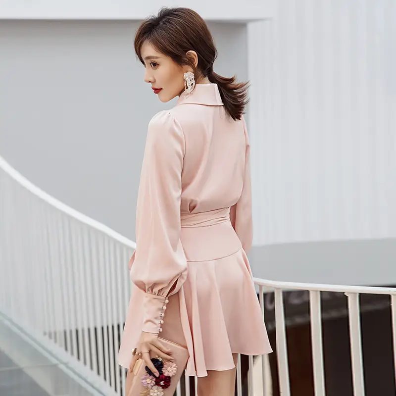 V-neck Long Sleeve Waist-controlled Long Sleeves Dress