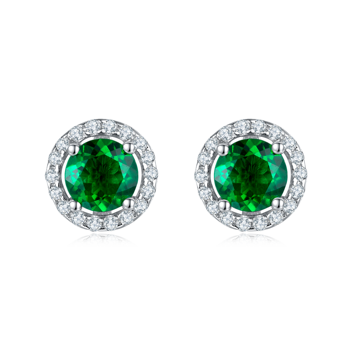 S925 Silver 2.6g Lab-Created Emerald Halo Stud Earrings, 1ct 5mm, Pair