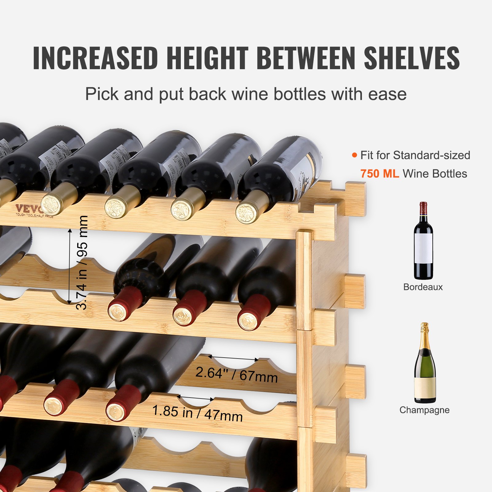 VEVOR 48 Bottle Stackable Modular Wine Rack Bamboo Wood Display Shelf 6-Tier image 3
