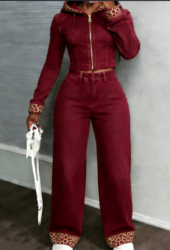 Color blocking Leopard Print Spliced Denim Hooded Cropped Top Wide leg Pants Two piece Set Red - Shop at LoveMi